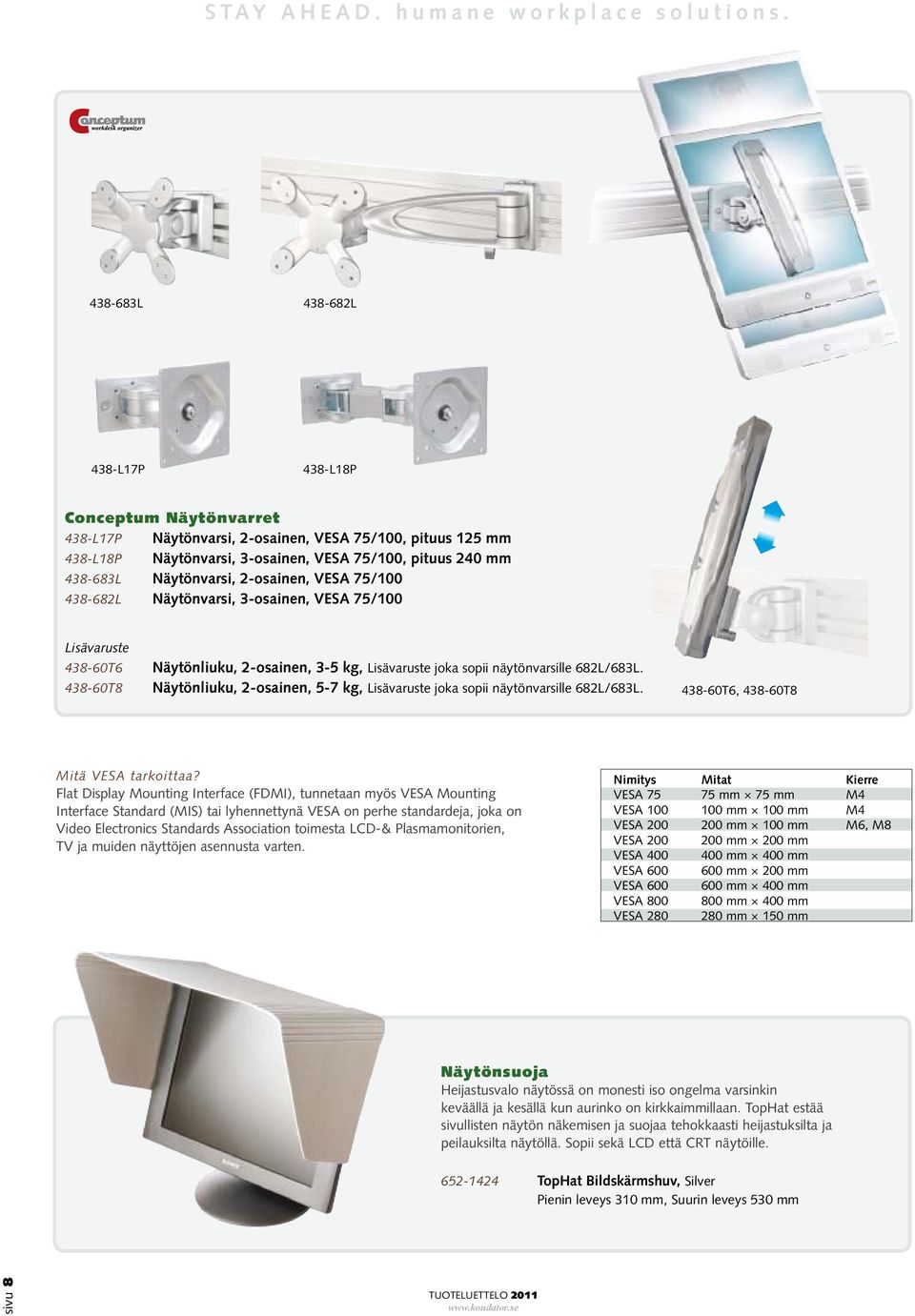 438-60T8 Näytönliuku, 2-osainen, 5-7 kg, Lisävaruste joka sopii näytönvarsille 682L/683L. 438-60T6, 438-60T8 Mitä VESA tarkoittaa?