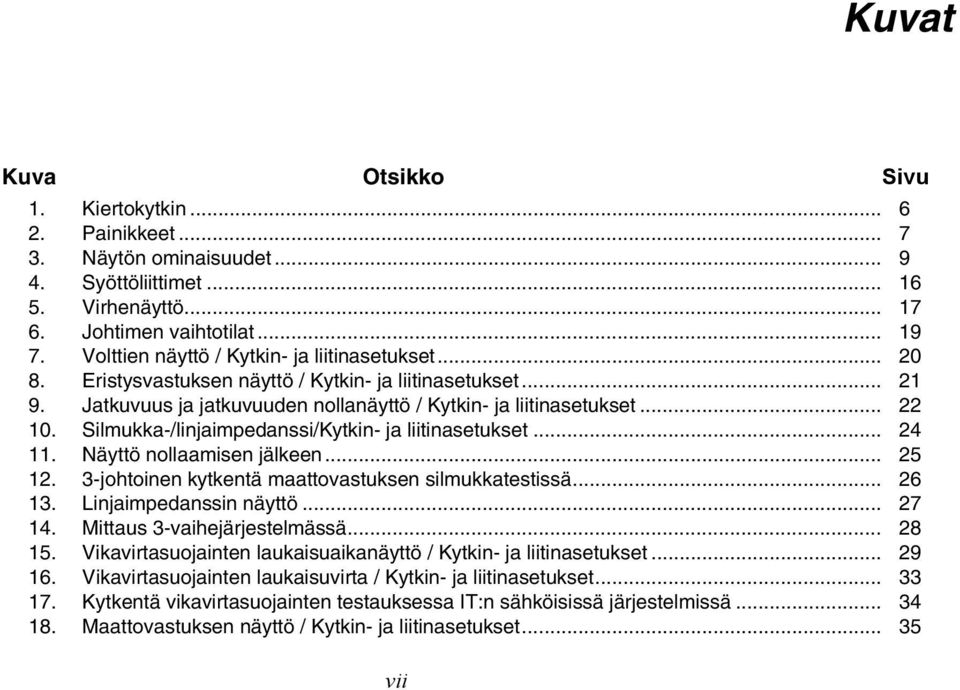 Silmukka-/linjaimpedanssi/Kytkin- ja liitinasetukset... 24 11. Näyttö nollaamisen jälkeen... 25 12. 3-johtoinen kytkentä maattovastuksen silmukkatestissä... 26 13. Linjaimpedanssin näyttö... 27 14.