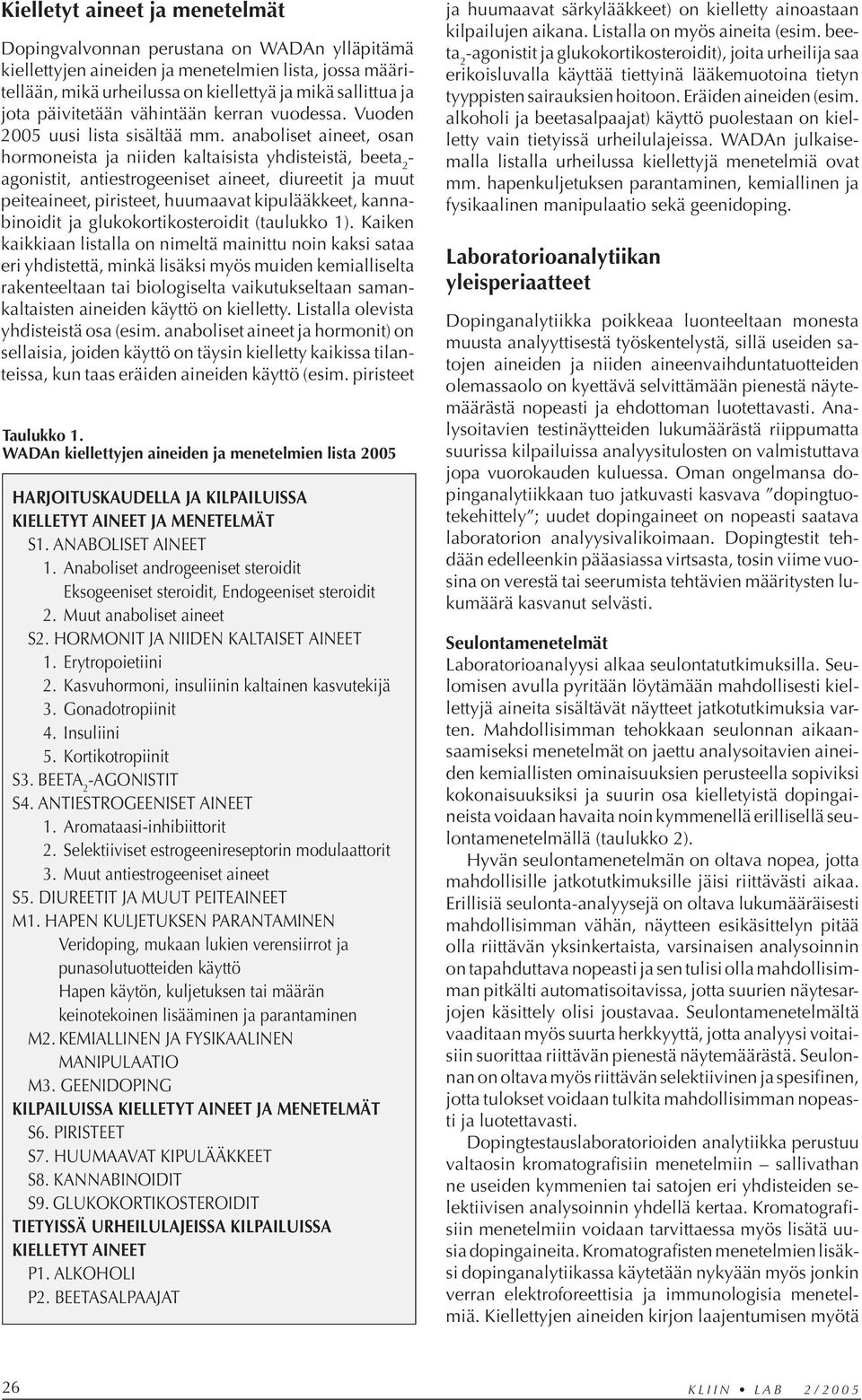 anaboliset aineet, osan hormoneista ja niiden kaltaisista yhdisteistä, beeta 2 - agonistit, antiestrogeeniset aineet, diureetit ja muut peiteaineet, piristeet, huumaavat kipulääkkeet, kannabinoidit