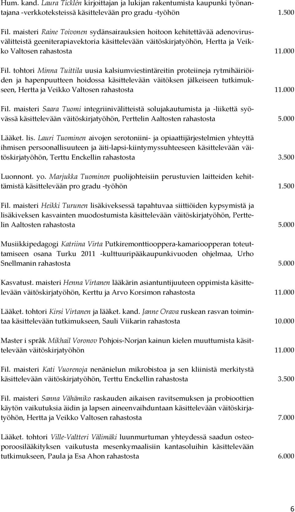 tohtori Minna Tuittila uusia kalsiumviestintäreitin proteiineja rytmihäiriöiden ja hapenpuutteen hoidossa käsittelevään väitöksen jälkeiseen tutkimukseen, Hertta ja Veikko Valtosen rahastosta Fil.