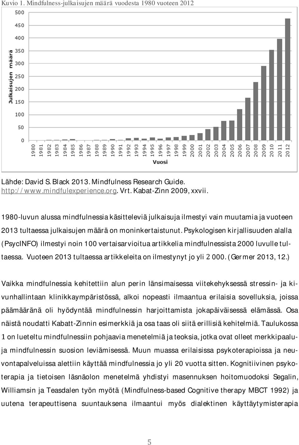 Psykologisenkirjallisuudenalalla (PsycINFO)ilmestyinoin100vertaisarvioituaartikkeliamindfulnessista2000luvulletultaessa.Vuoteen2013tultaessaartikkeleitaonilmestynytjoyli000.(Germer2013,12.