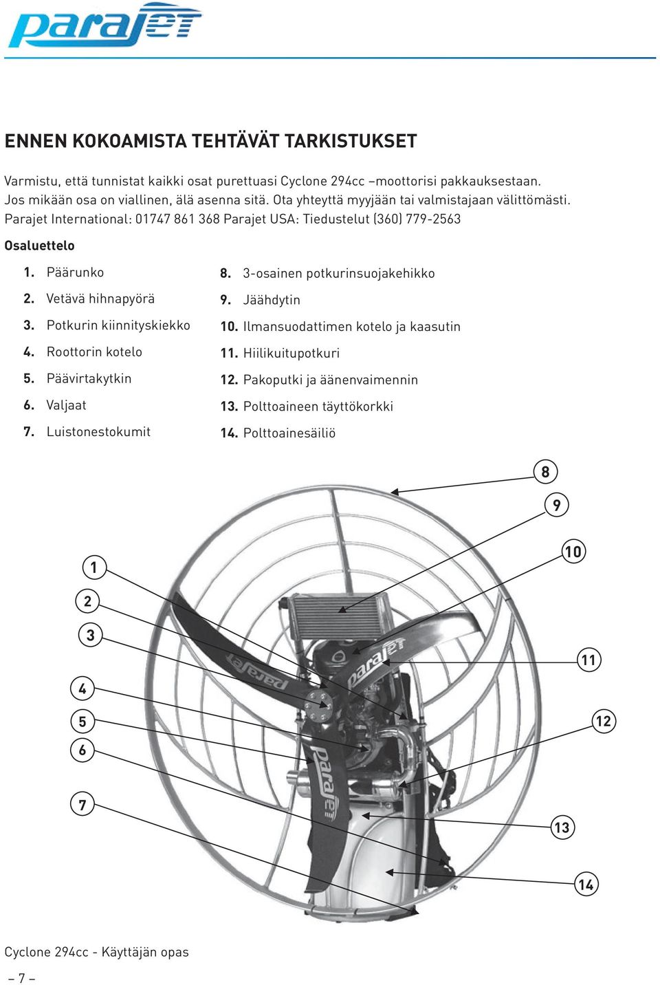 Parajet International: 01747 861 368 Parajet USA: Tiedustelut (360) 779-2563 Osaluettelo 1. Päärunko 2. Vetävä hihnapyörä 3. Potkurin kiinnityskiekko 4.