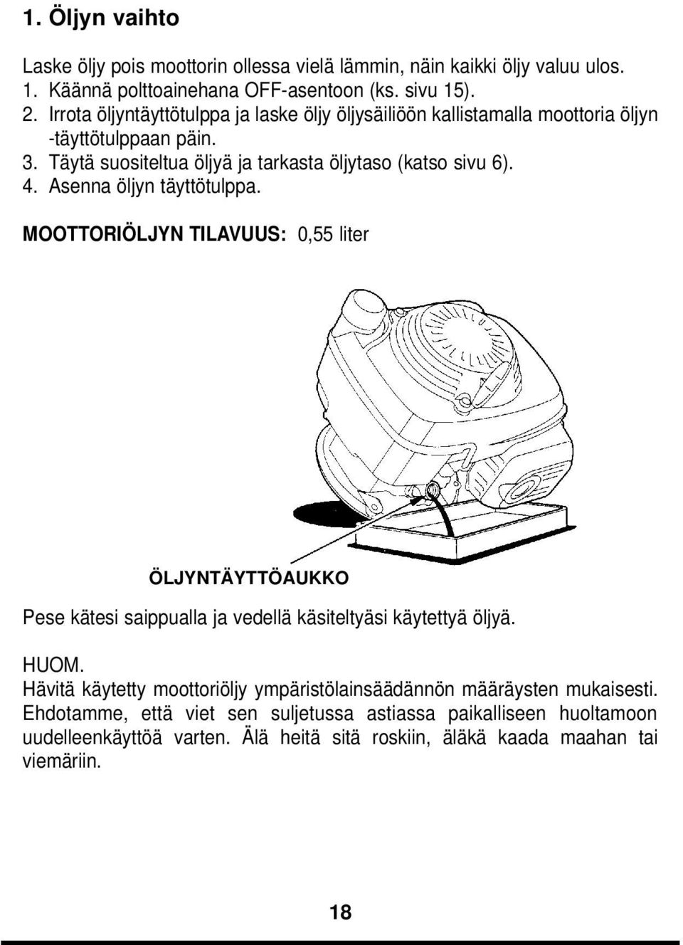 Asenna öljyn täyttötulppa. MOOTTORIÖLJYN TILAVUUS: 0,55 liter ÖLJYNTÄYTTÖAUKKO Pese kätesi saippualla ja vedellä käsiteltyäsi käytettyä öljyä. HUOM.