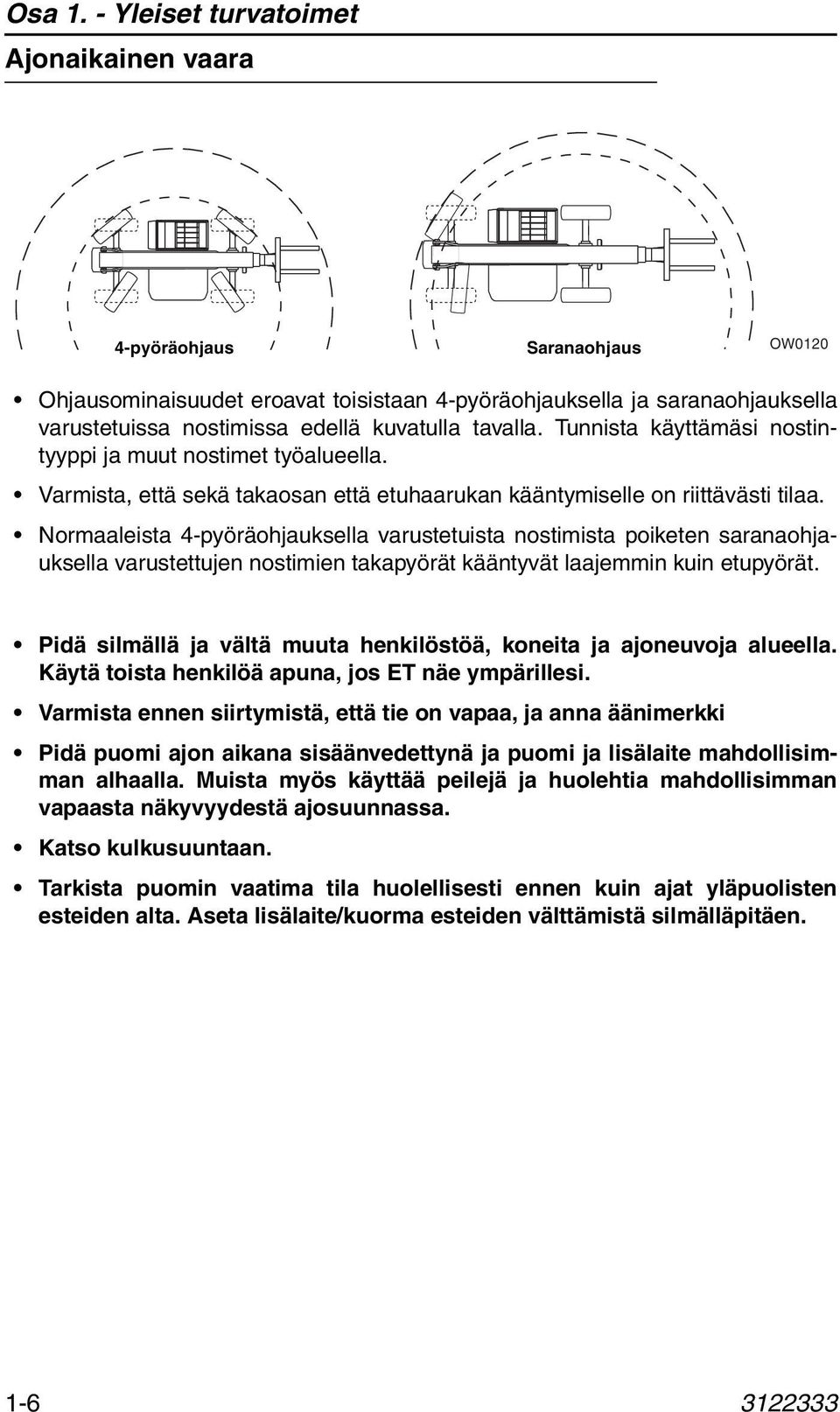 tavalla. Tunnista käyttämäsi nostintyyppi ja muut nostimet työalueella. Varmista, että sekä takaosan että etuhaarukan kääntymiselle on riittävästi tilaa.