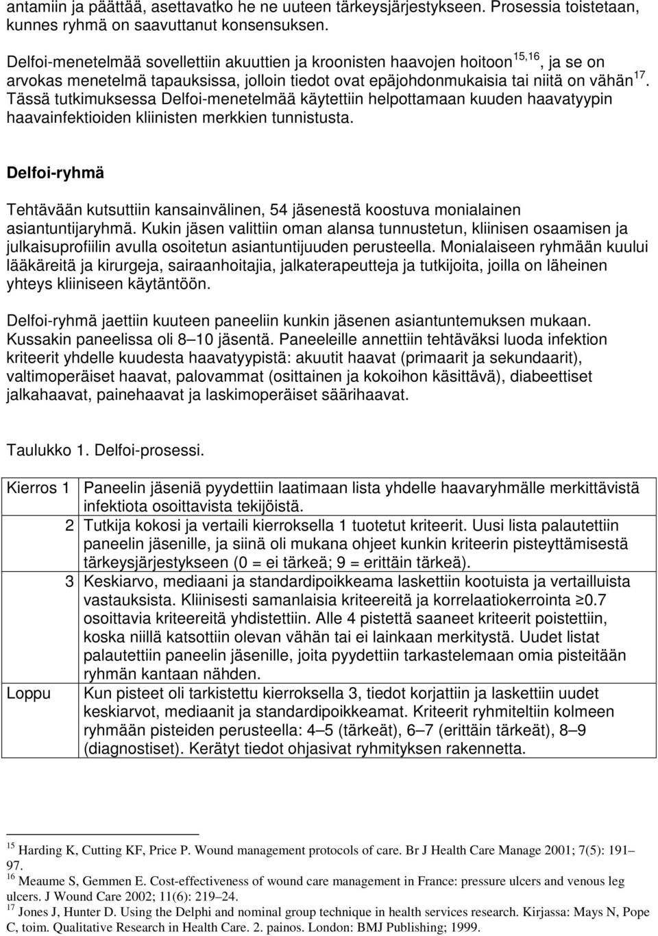 Tässä tutkimuksessa Delfoi-menetelmää käytettiin helpottamaan kuuden haavatyypin haavainfektioiden kliinisten merkkien tunnistusta.