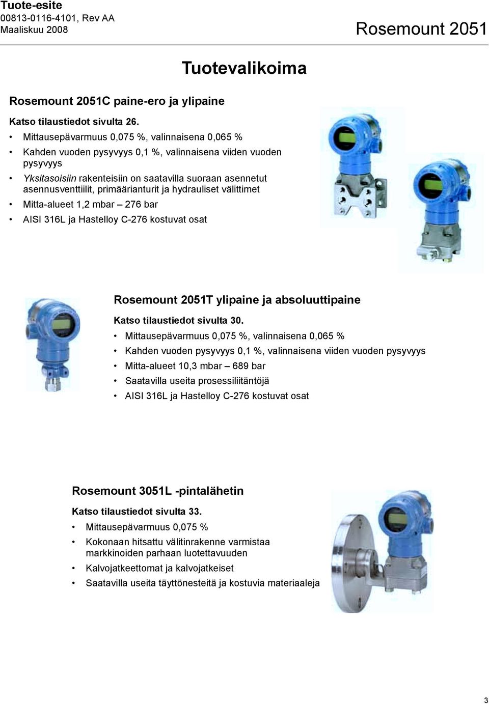 primäärianturit ja hydrauliset välittimet Mitta-alueet 1,2 mbar 276 bar AISI 316L ja Hastelloy C-276 kostuvat osat Rosemount 2051T ylipaine ja absoluuttipaine Katso tilaustiedot sivulta 30.