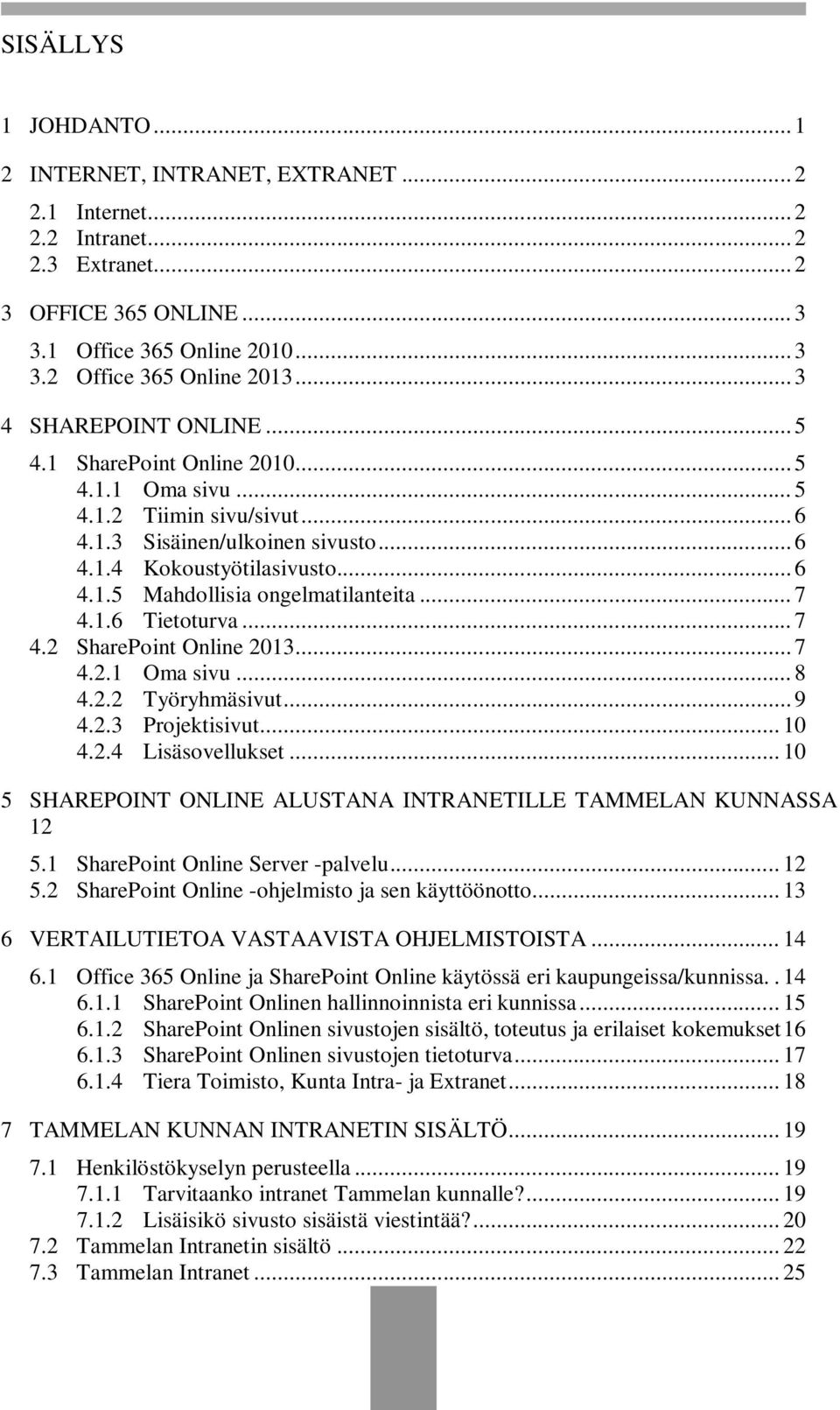 .. 7 4.1.6 Tietoturva... 7 4.2 SharePoint Online 2013... 7 4.2.1 Oma sivu... 8 4.2.2 Työryhmäsivut... 9 4.2.3 Projektisivut... 10 4.2.4 Lisäsovellukset.