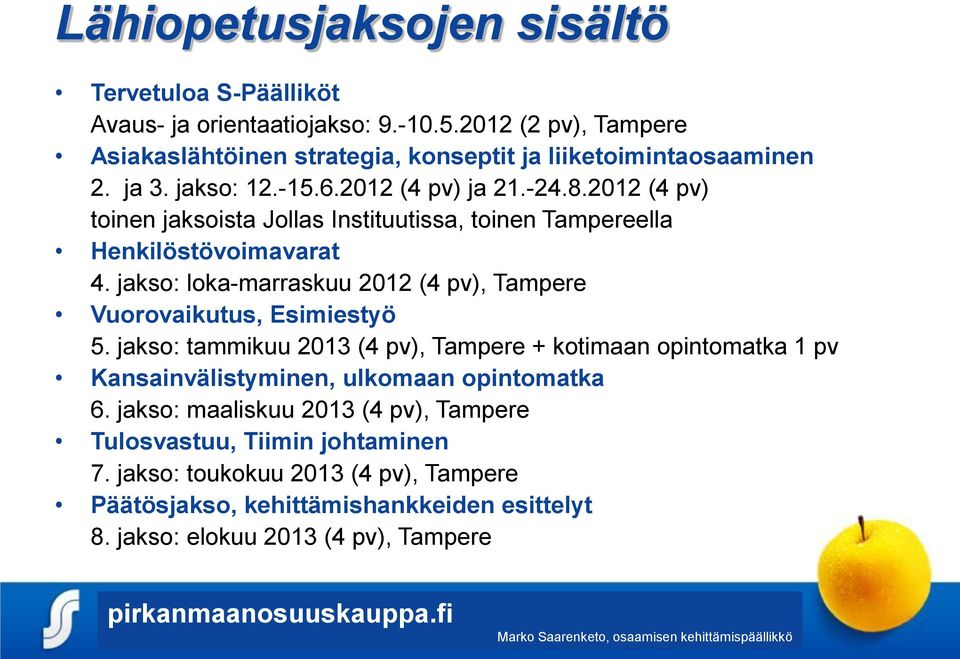 2012 (4 pv) toinen jaksoista Jollas Instituutissa, toinen Tampereella Henkilöstövoimavarat 4. jakso: loka-marraskuu 2012 (4 pv), Tampere Vuorovaikutus, Esimiestyö 5.
