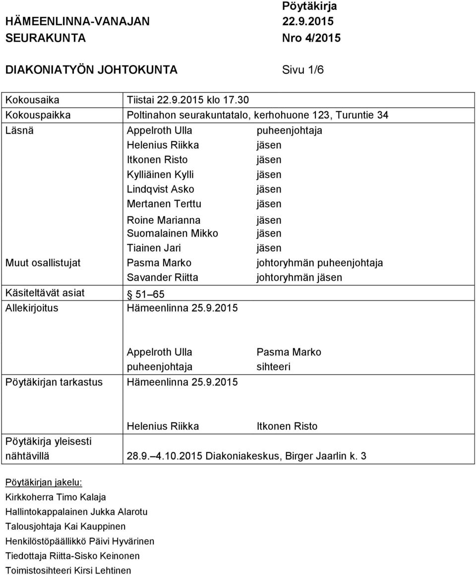 Suomalainen Mikko Tiainen Jari Muut osallistujat Pasma Marko johtoryhmän puheenjohtaja Savander Riitta johtoryhmän Käsiteltävät asiat 51 65 Allekirjoitus Hämeenlinna 25.9.