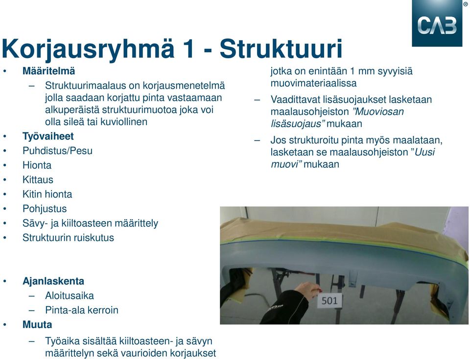 mm syvyisiä muovimateriaalissa Vaadittavat lisäsuojaukset lasketaan maalausohjeiston Muoviosan lisäsuojaus mukaan Jos strukturoitu pinta myös maalataan, lasketaan