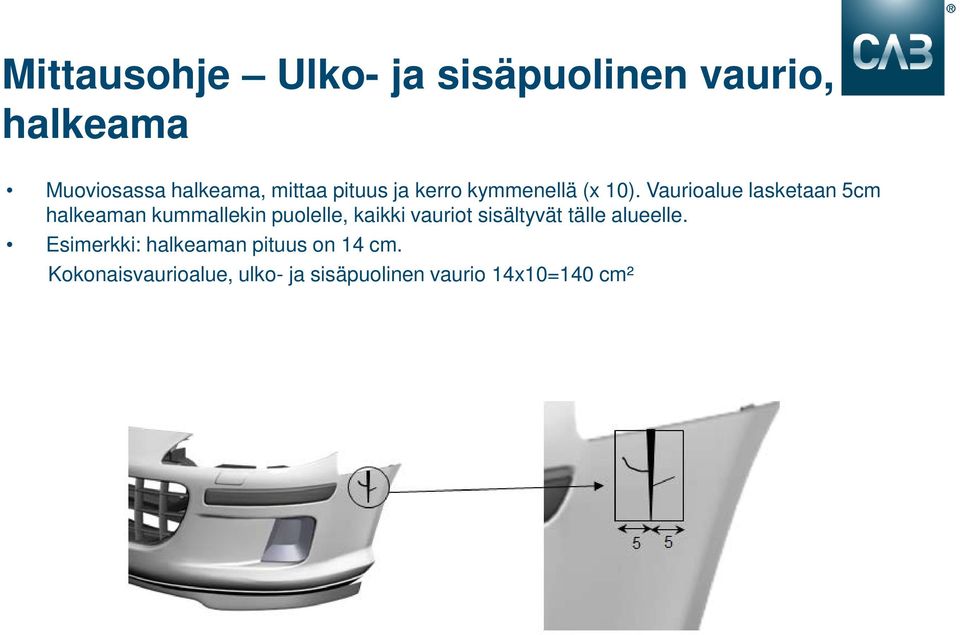 Vaurioalue lasketaan 5cm halkeaman kummallekin puolelle, kaikki vauriot