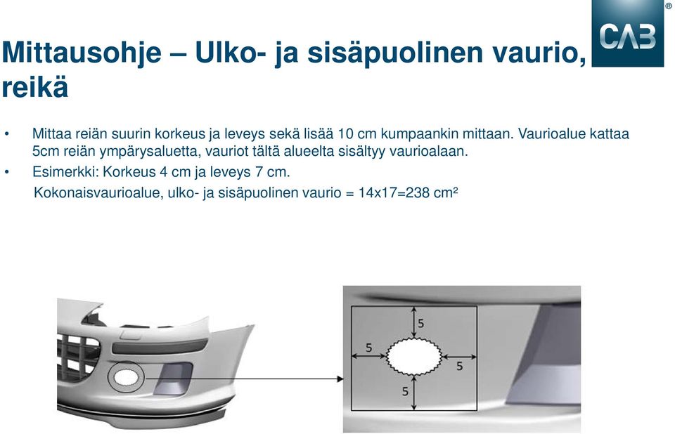 Vaurioalue kattaa 5cm reiän ympärysaluetta, vauriot tältä alueelta sisältyy