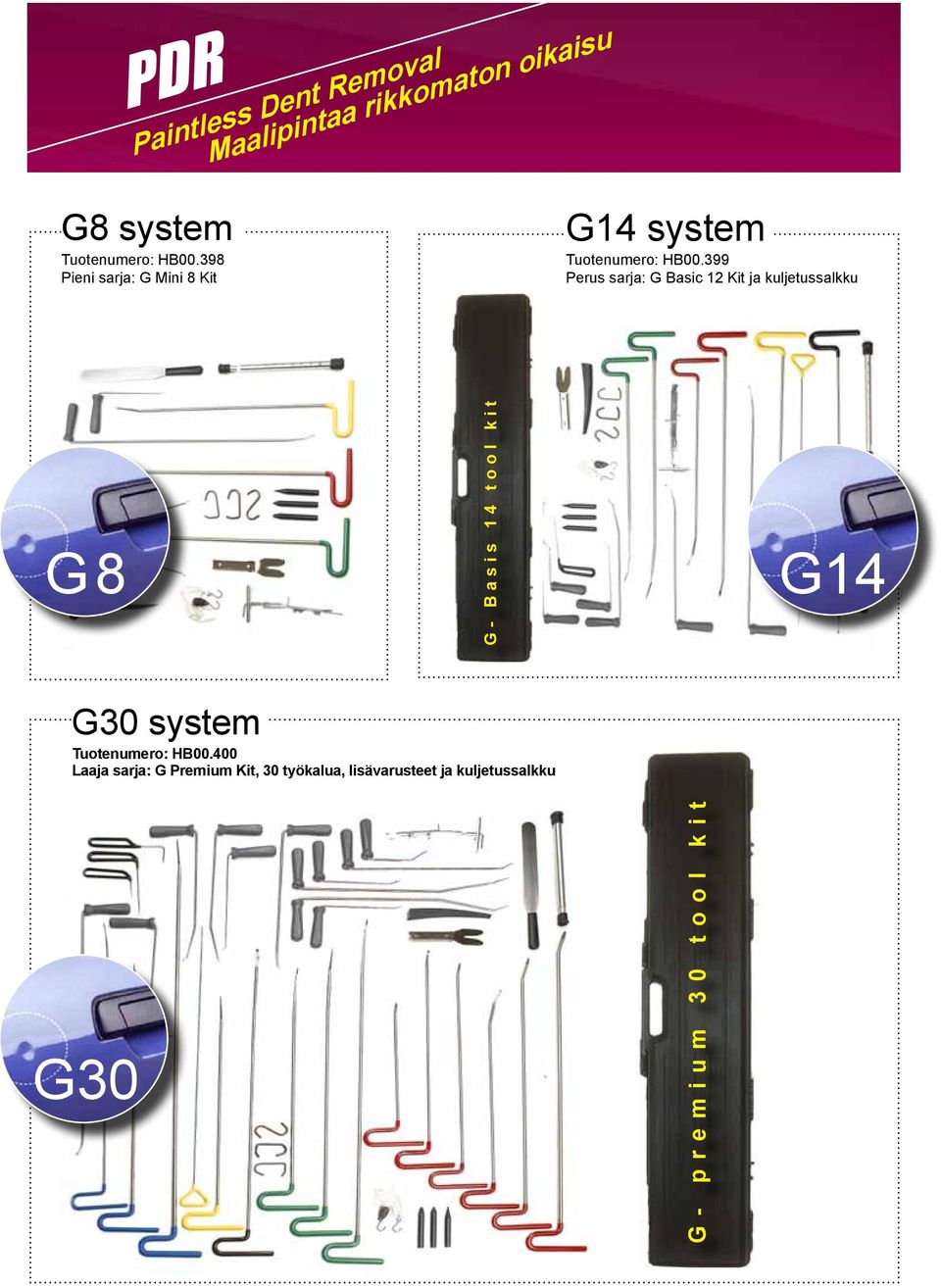 399 Perus sarja: G Basic 12 Kit ja kuljetussalkku G8 G- Basis 14 tool kit G14 G30 system