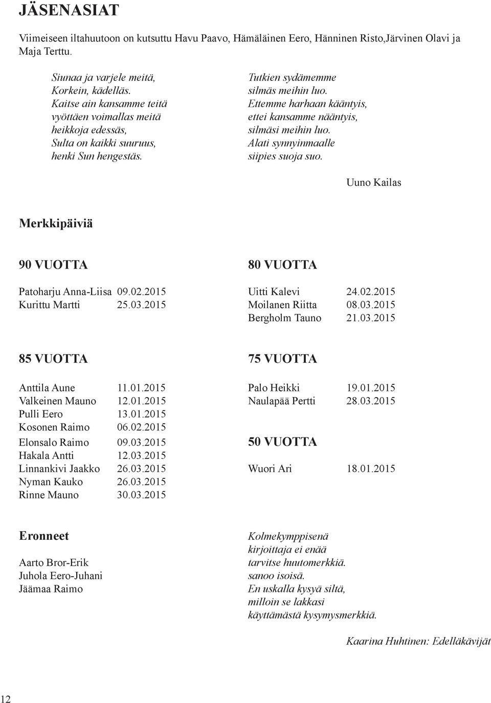 Ettemme harhaan kääntyis, ettei kansamme nääntyis, silmäsi meihin luo. Alati synnyinmaalle siipies suoja suo. Uuno Kailas Merkkipäiviä 90 VUOTTA 80 VUOTTA Patoharju Anna-Liisa 09.02.