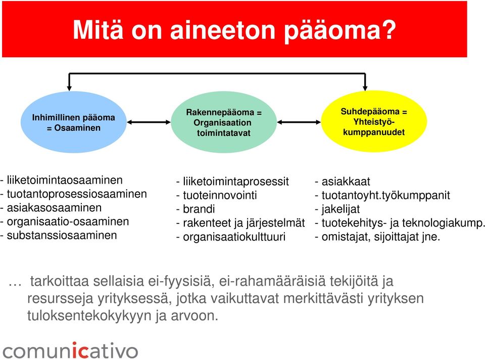 tuotantoprosessiosaaminen - asiakasosaaminen - organisaatio-osaaminen - substanssiosaaminen - liiketoimintaprosessit - tuoteinnovointi - brandi - rakenteet ja