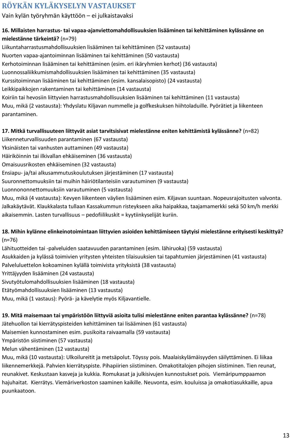 (esim. eri ikäryhmien kerhot) (36 vastausta) Luonnossaliikkumismahdollisuuksien lisääminen tai kehittäminen (35 vastausta) Kurssitoiminnan lisääminen tai kehittäminen (esim.