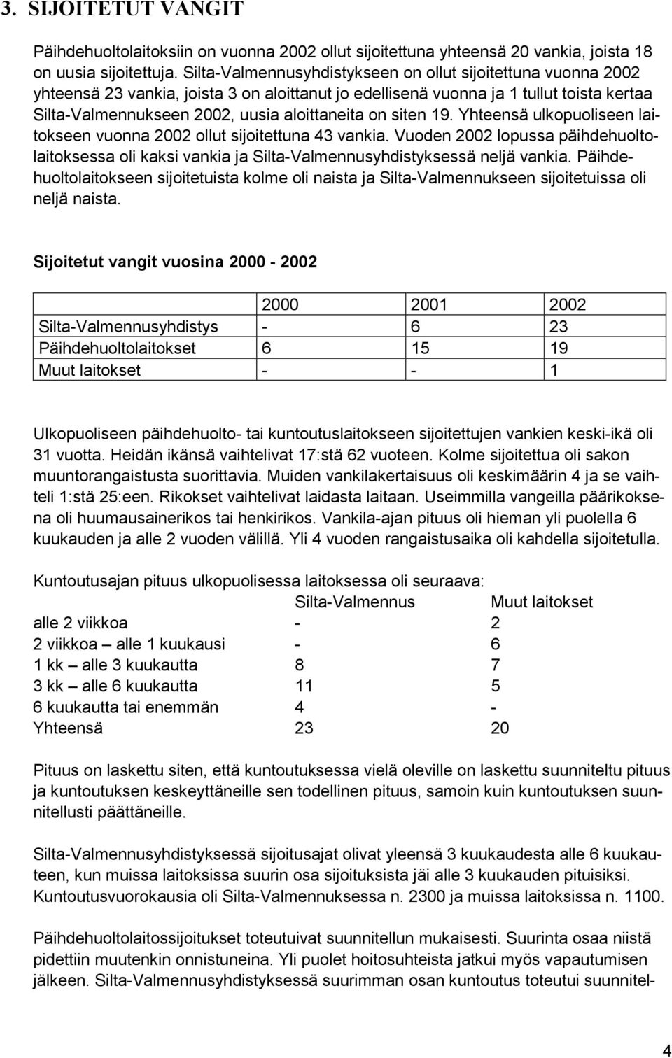 siten 19. Yhteensä ulkopuoliseen laitokseen vuonna 2002 ollut sijoitettuna 43 vankia. Vuoden 2002 lopussa päihdehuoltolaitoksessa oli kaksi vankia ja Silta-Valmennusyhdistyksessä neljä vankia.