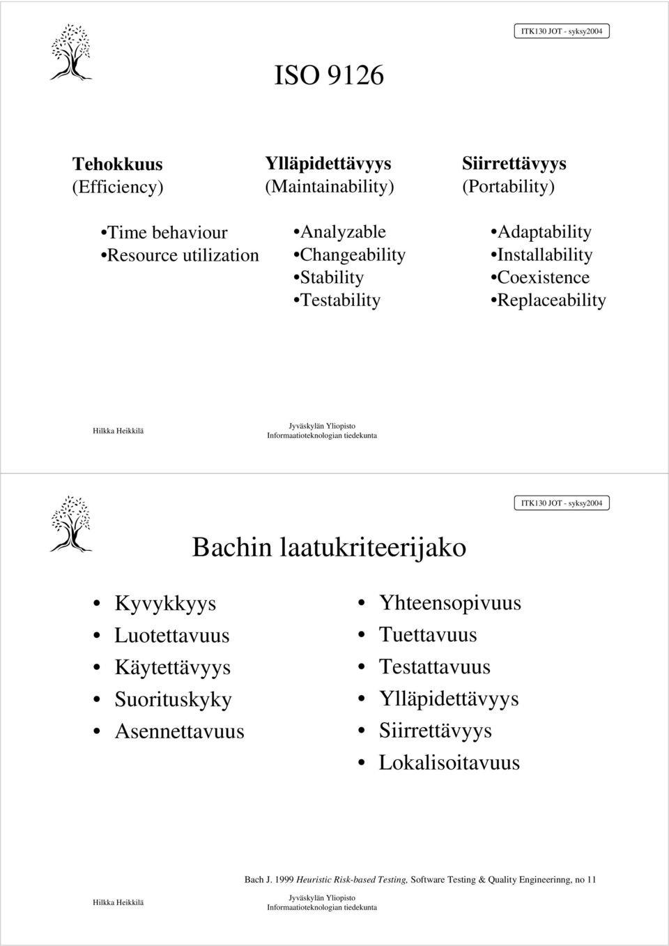 Bachin laatukriteerijako Kyvykkyys Luotettavuus Käytettävyys Suorituskyky Asennettavuus Yhteensopivuus Tuettavuus