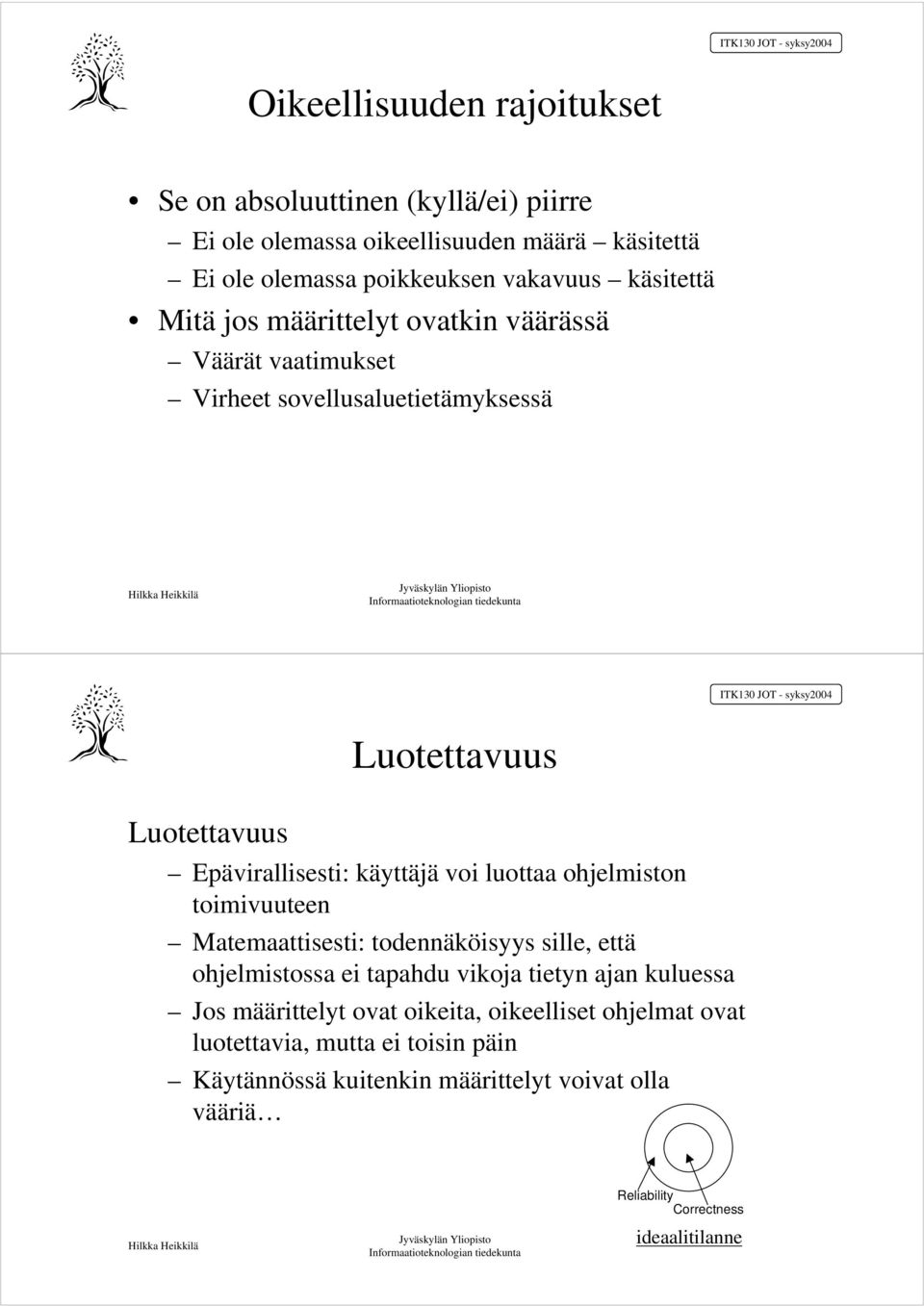 voi luottaa ohjelmiston toimivuuteen Matemaattisesti: todennäköisyys sille, että ohjelmistossa ei tapahdu vikoja tietyn ajan kuluessa Jos määrittelyt ovat