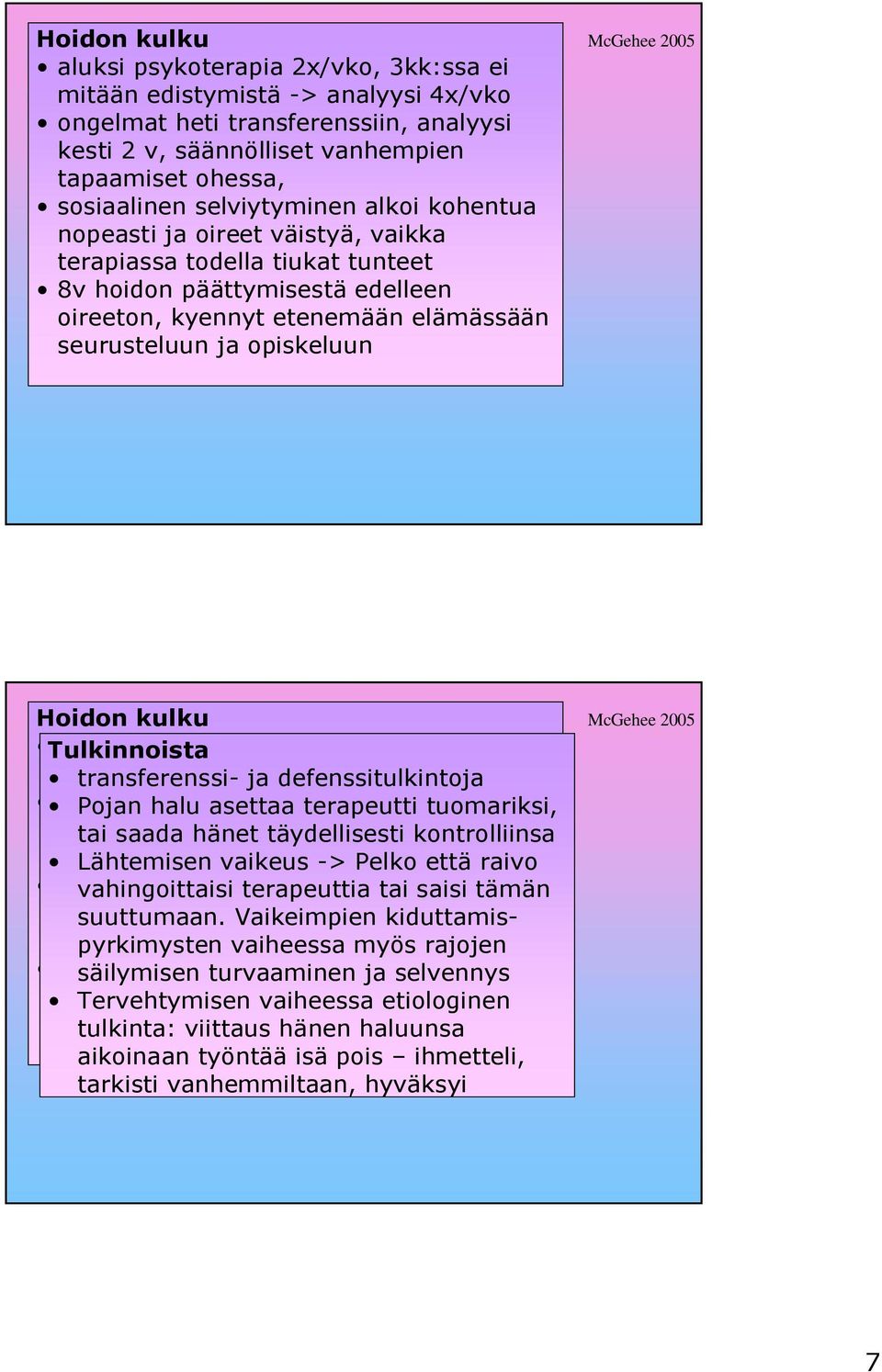 McGehee 2005 Hoidon kulku Tulkinnoista aluksi psykoterapia 2x/vko, 3kk:ssa ei mitään transferenssi- edistymistä ja defenssitulkintoja -> analyysi 4x/vko ongelmat Pojan halu heti asettaa