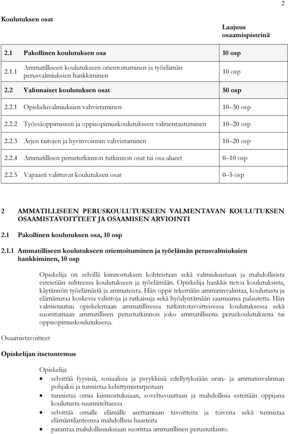 2.4 Ammatillisen perustutkinnon tutkinnon osat tai osa-alueet 0 10 osp 2.2.5 Vapaasti valittavat koulutuksen osat 0 5 osp 2 AMMATILLISEEN PERUSKOULUTUKSEEN VALMENTAVAN KOULUTUKSEN OSAAMISTAVOITTEET JA OSAAMISEN ARVIOINTI 2.