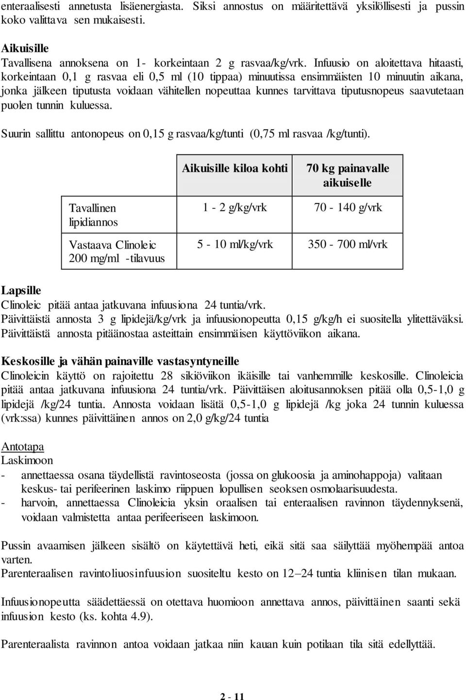 tiputusnopeus saavutetaan puolen tunnin kuluessa. Suurin sallittu antonopeus on 0,15 g rasvaa/kg/tunti (0,75 ml rasvaa /kg/tunti).