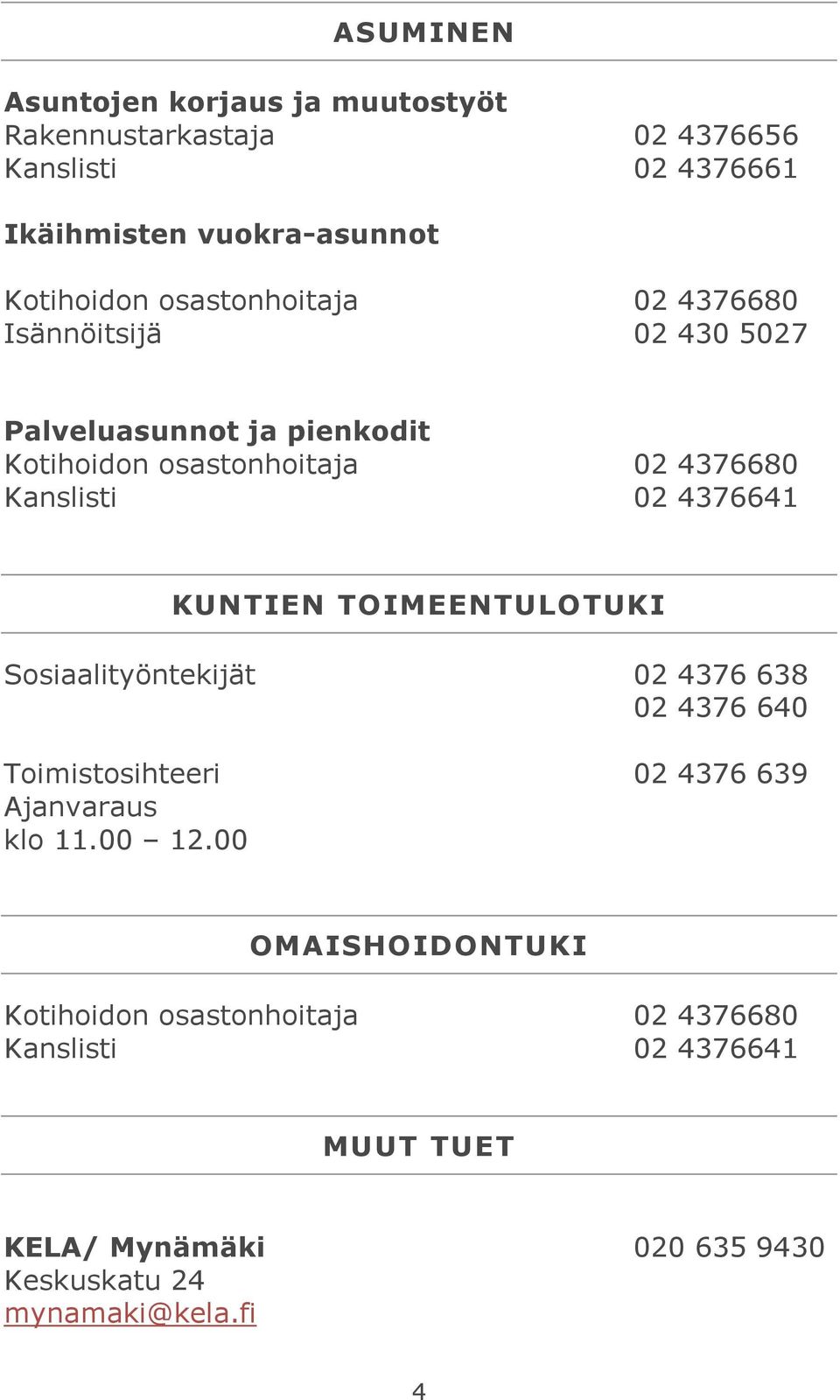 4376641 KUNTIEN TOIMEENTULOTUKI Sosiaalityöntekijät 02 4376 638 02 4376 640 Toimistosihteeri 02 4376 639 Ajanvaraus klo 11.00 12.