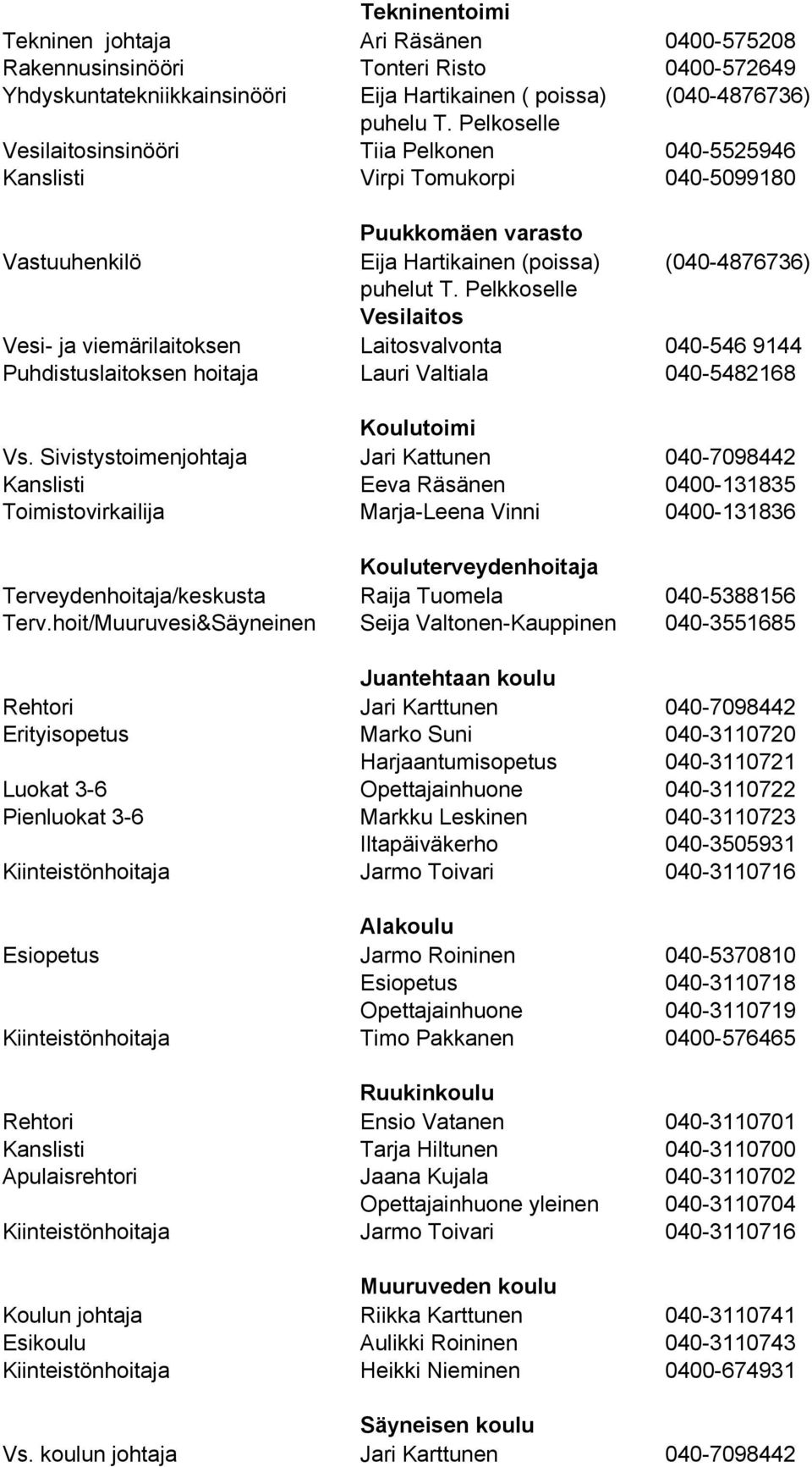 Pelkkoselle Vesilaitos Vesi- ja viemärilaitoksen Laitosvalvonta 040-546 9144 Puhdistuslaitoksen hoitaja Lauri Valtiala 040-5482168 Koulutoimi Vs.