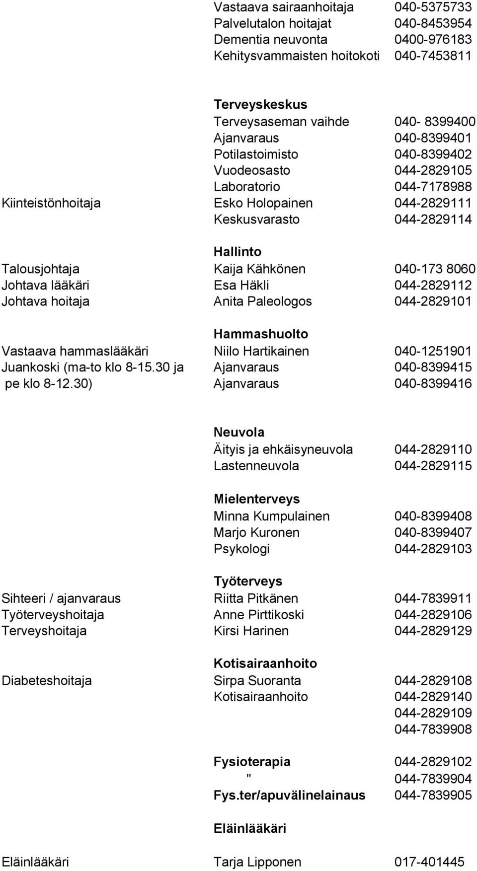 040-173 8060 Johtava lääkäri Esa Häkli 044-2829112 Johtava hoitaja Anita Paleologos 044-2829101 Hammashuolto Vastaava hammaslääkäri Niilo Hartikainen 040-1251901 Juankoski (ma-to klo 8-15.