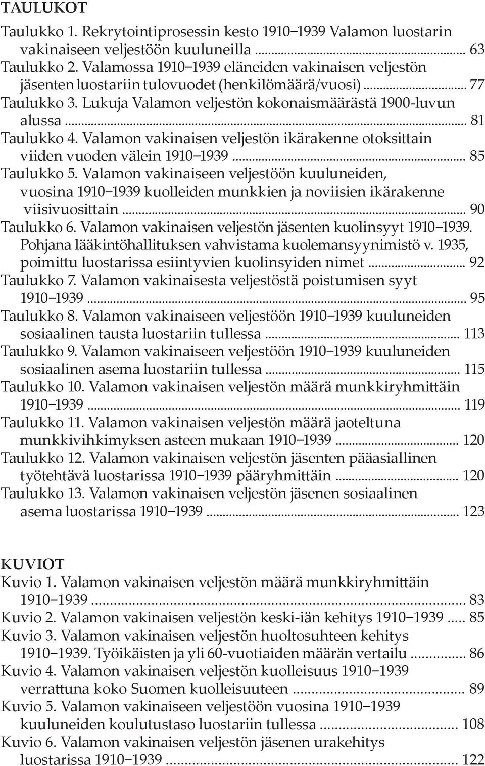 Valamon vakinaisen veljestön ikärakenne otoksittain viiden vuoden välein 1910 1939... 85 Taulukko 5.