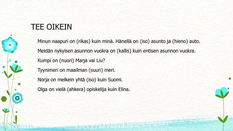 Meidän nykyisen asunnon vuokra on (kallis) kuin entisen asunnon vuokra.