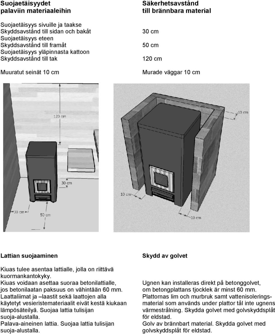 betonggolvet, om betongplattans tjocklek är minst 60 mm. Plattornas lim och murbruk samt vattenisolerings- material som används under plattor tål inte ugnens värmestrålning.