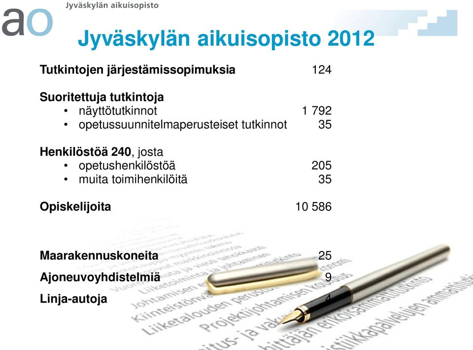 tutkinnot 35 Henkilöstöä 240, josta opetushenkilöstöä 205 muita