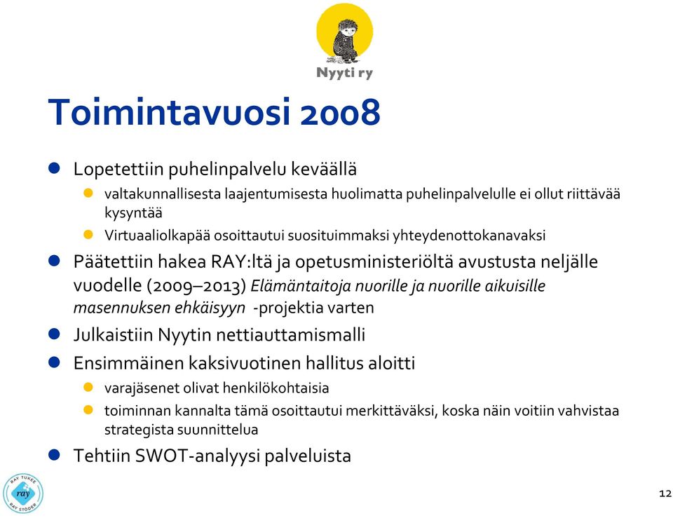 Elämäntaitoja nuorille ja nuorille aikuisille masennuksen ehkäisyyn projektia varten Julkaistiin Nyytin nettiauttamismalli Ensimmäinen kaksivuotinen hallitus