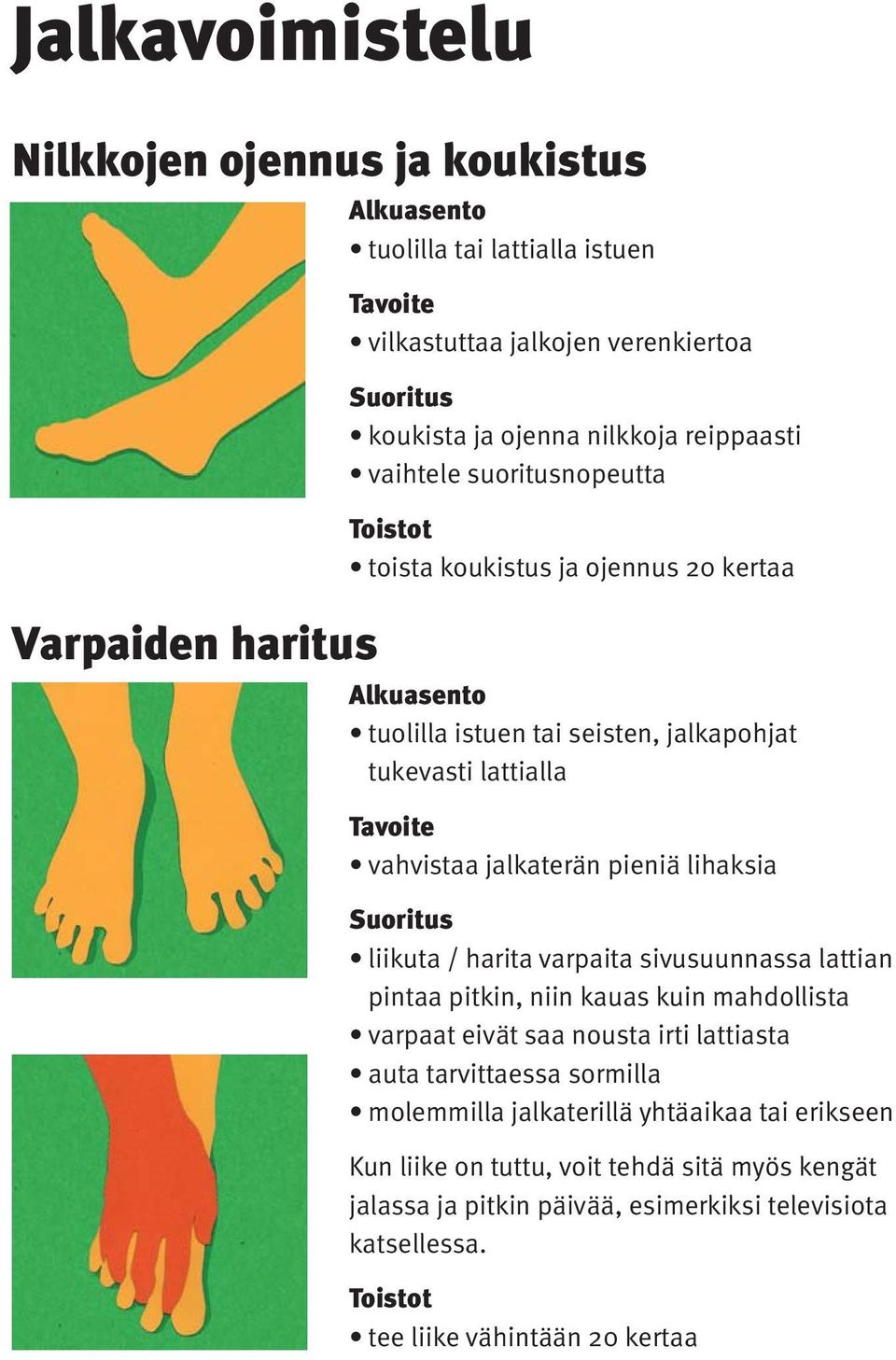 pieniä lihaksia Suoritus liikuta / harita varpaita sivusuunnassa lattian pintaa pitkin, niin kauas kuin mahdollista varpaat eivät saa nousta irti lattiasta auta tarvittaessa sormilla