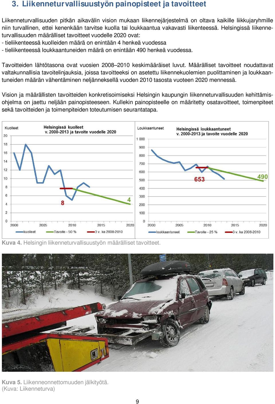 Helsingissä liikenneturvallisuuden määrälliset tavoitteet vuodelle 2020 ovat: - tieliikenteessä kuolleiden määrä on enintään 4 henkeä vuodessa - tieliikenteessä loukkaantuneiden määrä on enintään 490