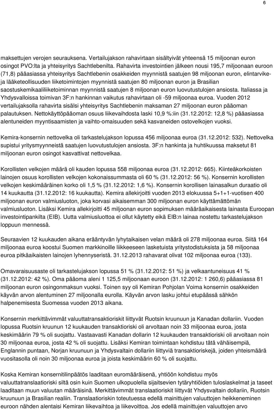 liiketoimintojen myynnistä saatujen 80 miljoonan euron ja Brasilian saostuskemikaaliliiketoiminnan myynnistä saatujen 8 miljoonan euron luovutustulojen ansiosta.