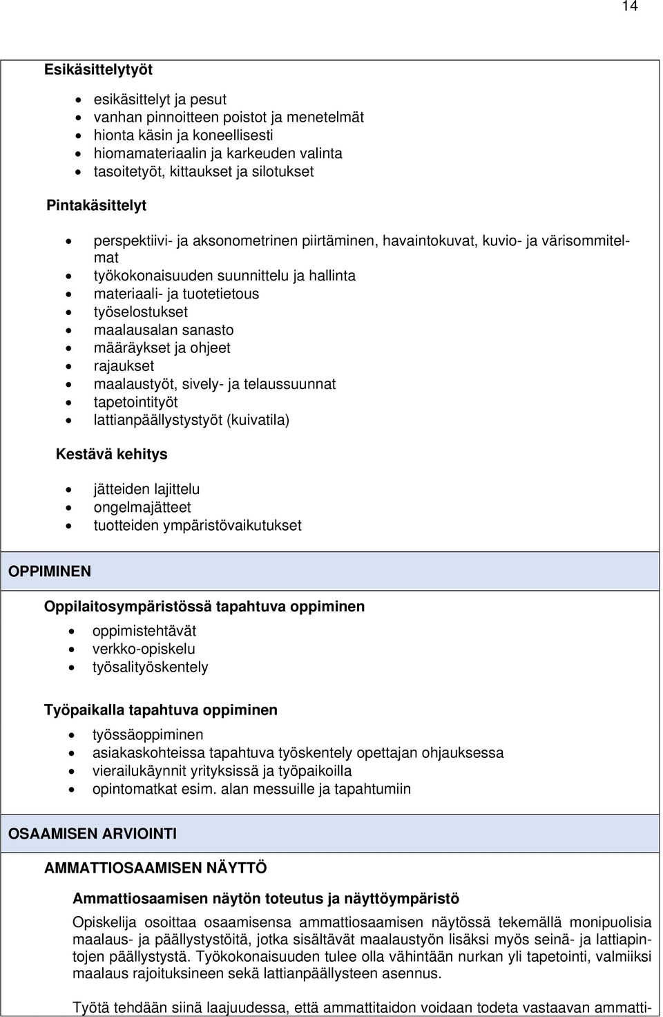 sanasto määräykset ja ohjeet rajaukset maalaustyöt, sively- ja telaussuunnat tapetointityöt lattianpäällystystyöt (kuivatila) Kestävä kehitys jätteiden lajittelu ongelmajätteet tuotteiden