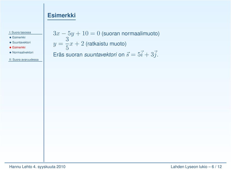 muoto) Eräs suoran suuntavektori on s = 5 i + 3 j.