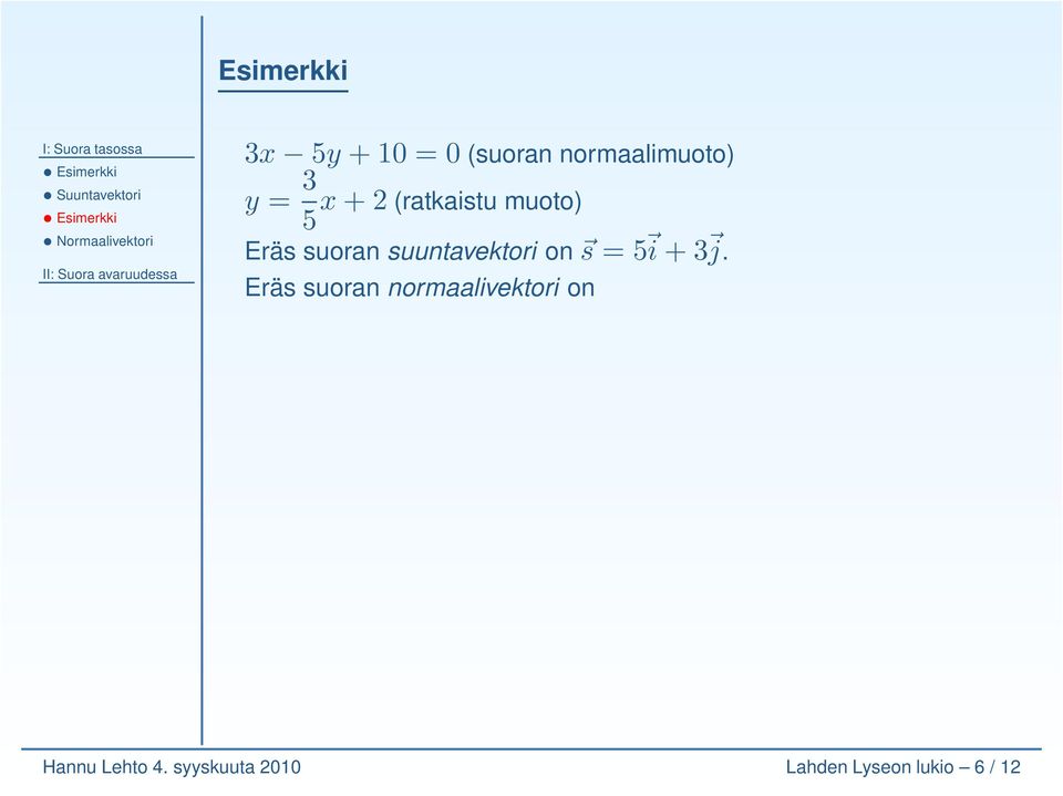 suoran suuntavektori on s = 5 i + 3 j.