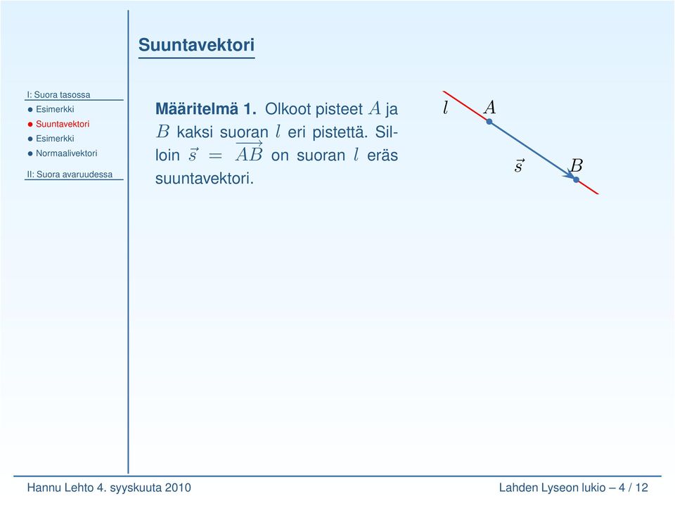 Silloin s = AB on suoran l eräs suuntavektori.