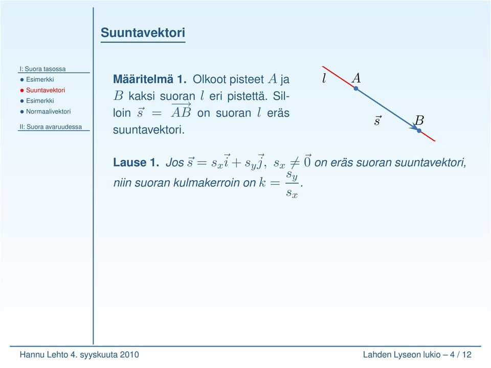 Silloin s = AB on suoran l eräs suuntavektori. l A s B Lause 1.