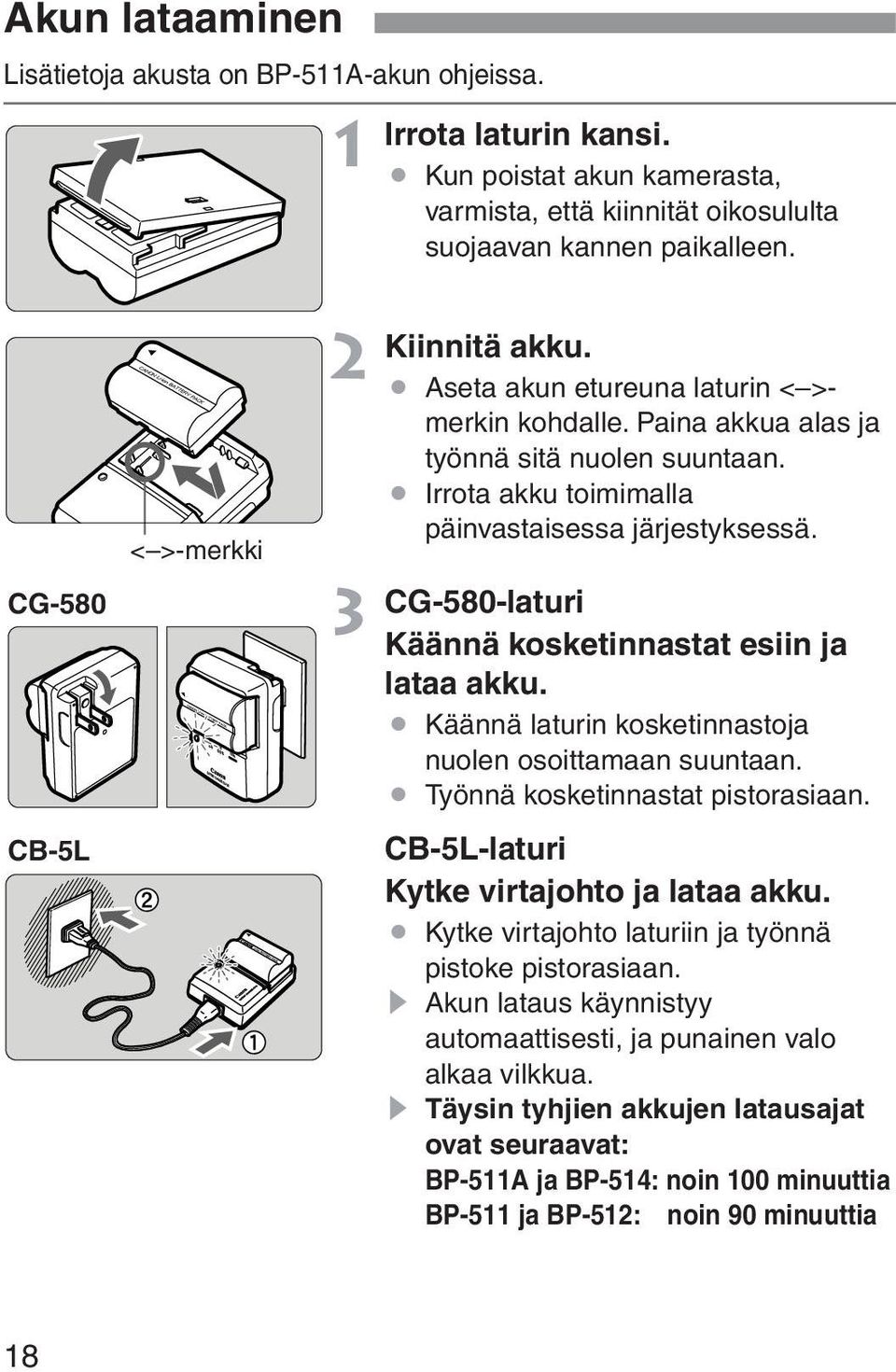 3 CG-580-laturi Käännä kosketinnastat esiin ja lataa akku. Käännä laturin kosketinnastoja nuolen osoittamaan suuntaan. Työnnä kosketinnastat pistorasiaan. CB-5L-laturi Kytke virtajohto ja lataa akku.