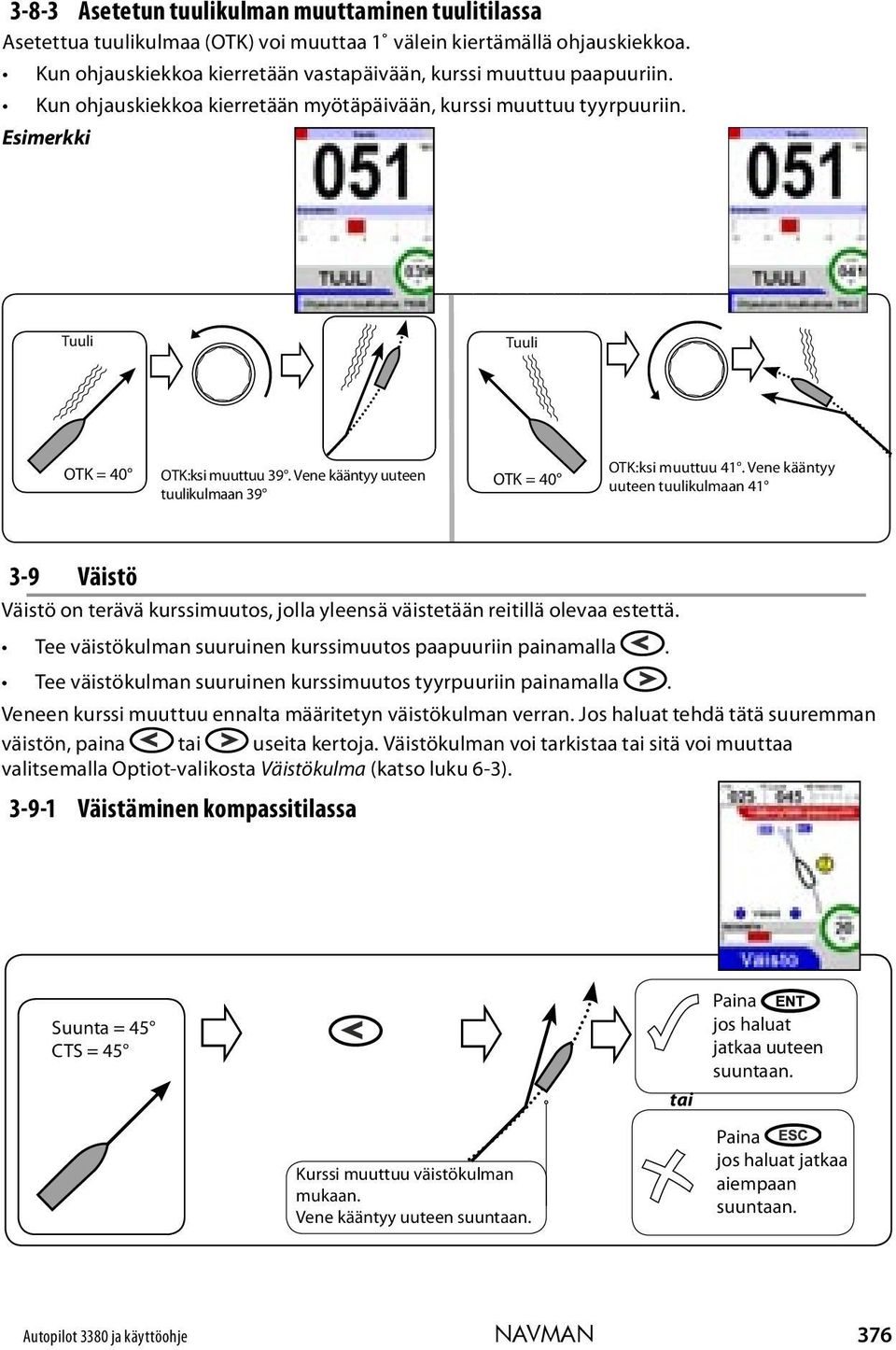 Vene kääntyy uuteen tuulikulmaan 41 3-9 Väistö Väistö on terävä kurssimuutos, jolla yleensä väistetään reitillä olevaa estettä. Tee väistökulman suuruinen kurssimuutos paapuuriin painamalla.