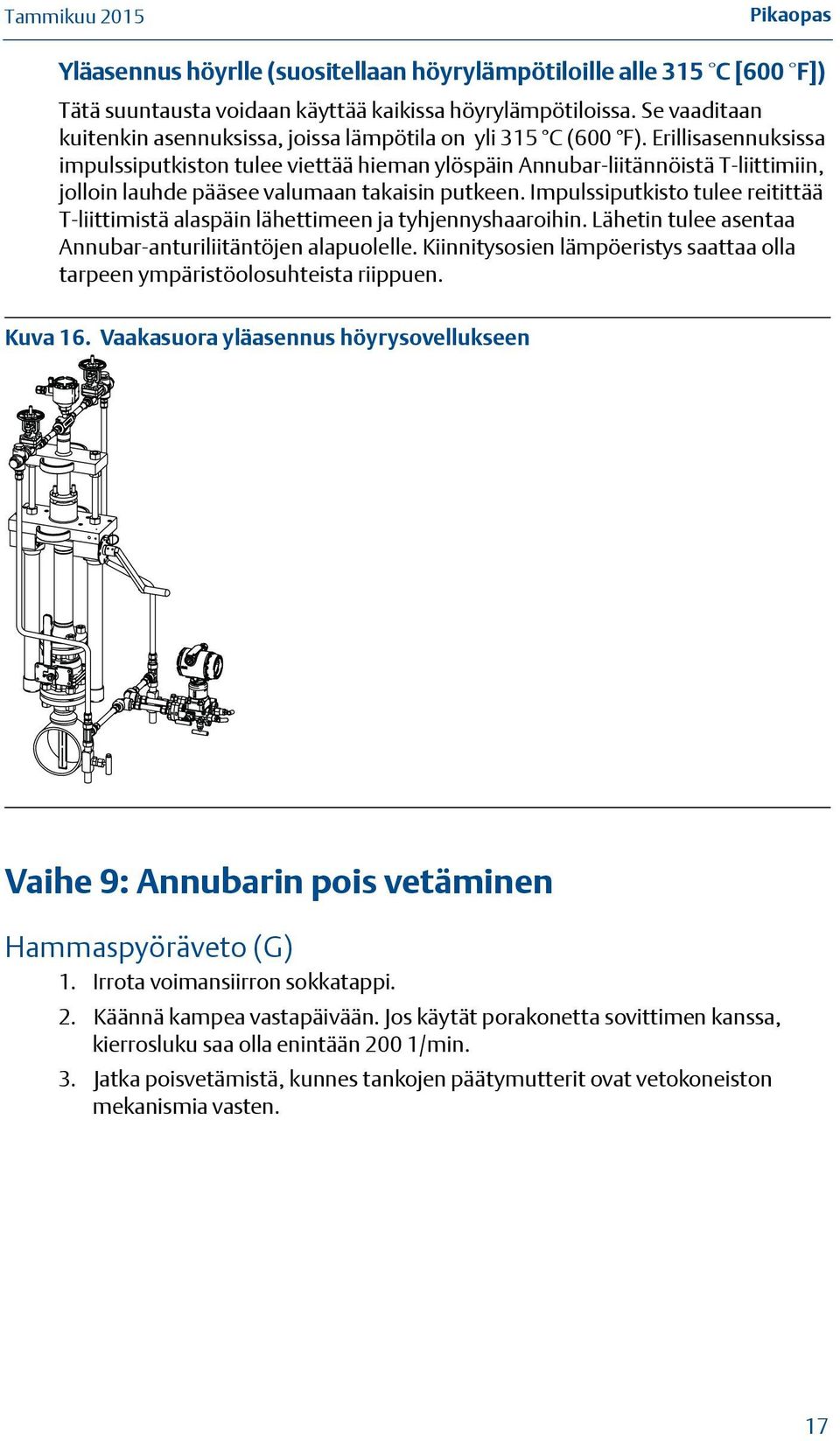 Erillisasennuksissa impulssiputkiston tulee viettää hieman ylöspäin Annubar-liitännöistä T-liittimiin, jolloin lauhde pääsee valumaan takaisin putkeen.