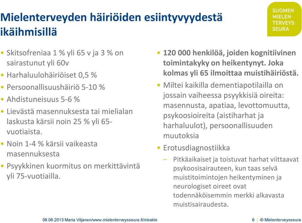 120 000 henkilöä, joiden kognitiivinen toimintakyky on heikentynyt. Joka kolmas yli 65 ilmoittaa muistihäiriöstä.