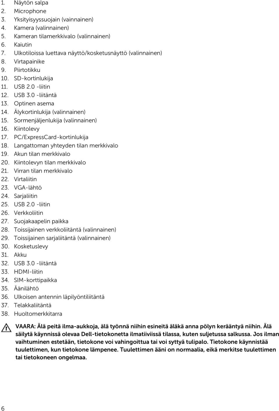 Älykortinlukija (valinnainen) 15. Sormenjäljenlukija (valinnainen) 16. Kiintolevy 17. PC/ExpressCard-kortinlukija 18. Langattoman yhteyden tilan merkkivalo 19. Akun tilan merkkivalo 20.