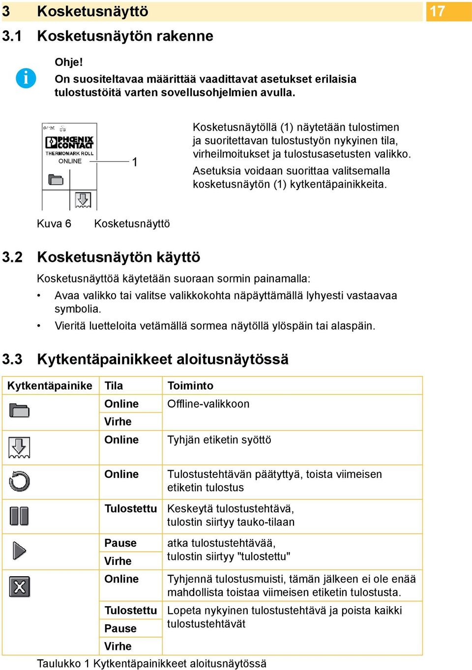 Asetuksia voidaan suorittaa valitsemalla kosketusnäytön (1) kytkentäpainikkeita. Kuva 6 Kosketusnäyttö 3.