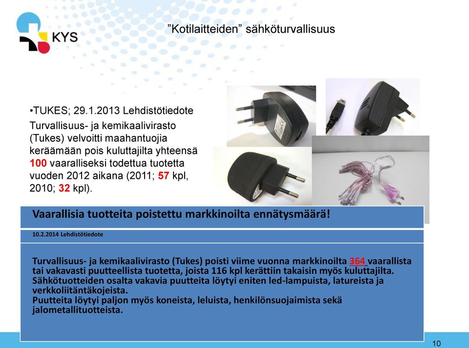 (2011; 57 kpl, 2010; 32 kpl). Vaarallisia tuotteita poistettu markkinoilta ennätysmäärä! 10.2.2014 Lehdistötiedote Turvallisuus- ja kemikaalivirasto (Tukes) poisti viime vuonna