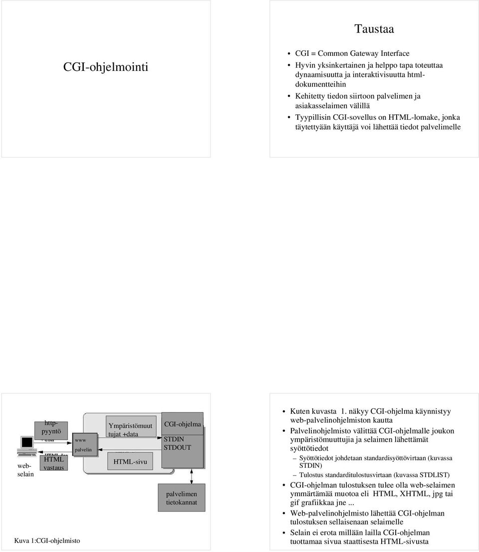 Ympäristömuut tujat +data HTML-sivu CGI-ohjelma STDIN STDOUT palvelimen tietokannat Kuten kuvasta 1.